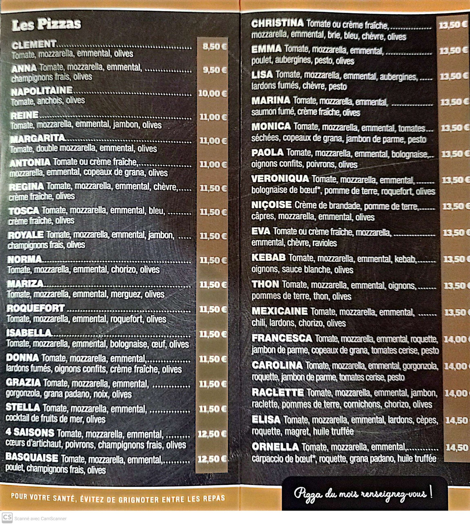 Extrait de la carte des pizzas — Chez Emile, Mazan